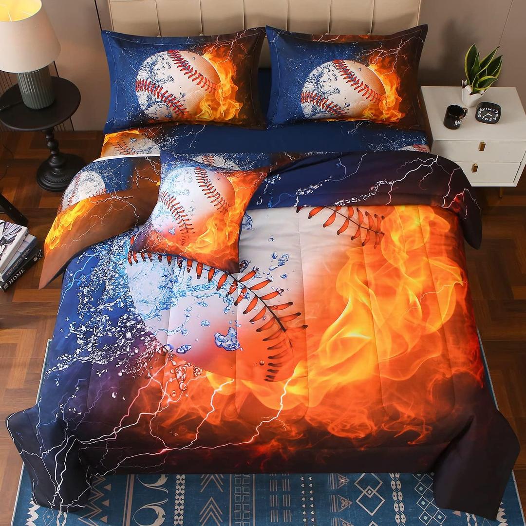 JQinHome Twin Baseball and Fire Comforter Sets for Boys,6 Piece Bed in A Bag 3D Sport Themed Bedding -All Season Soft Microfiber Bedding Sets with Pillowcase, Flat Sheet, Fitted Sheet,Cushion Cover
