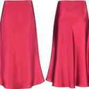 Mist Azur Women Silky Satin Side Split Skirt High Waist Elastic Elegant A Line Midi Skirts for Women (Medium, Red-02)