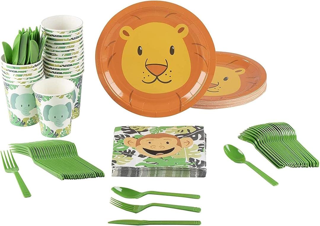 BLUE PANDA - Animal Party Supplies - Serves 24 - Includes Plates, Knives, Spoons, Forks, Cups and Napkins. Perfect Pack for Kids Themed Birhtday - Lion Plates - Kid - Fork Spoon