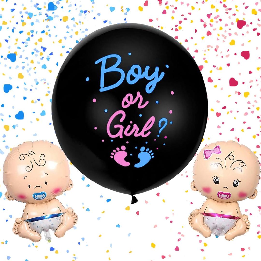 BLOOMWIN Black Gender Reveal Balloons 36 inch with Heart Confetti, Baby Boy and Girl Large Foil Balloons, Boy or Girl Gender Reveal Decorations Kit Baby Shower Pink and Blue (Black 1pc)