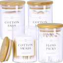 4 Pack Qtip Holder Dispenser - Glass Apothecary Jars with Lids, Cotton Ball Pad Swab Round Holder, Bamboo Bathroom Accessories, Bathroom Organizers Containers Jars Canisters with Lids