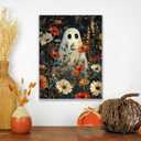 2 x Daktenn Halloween Canvas Wall Art, Cute Floral Ghost In Haunted Forest Poster, Funny Dark Romantic Ghost Print Decorations, Dark Academia Halloween Wall Decor 12x16in White