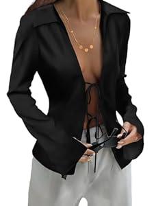 Womens Tie Front Satin Silk Blouse Sexy Deep V Neck Long Sleeve Open Front Club Tops Y2k Going Out Shirts Black, XXL