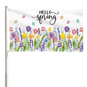 AVOIN colorlife Hello Spring Tulip Lavender House Flag 3x5 FT Double Sided, Seasonal Flower Large Banner Yard Outdoor Flag