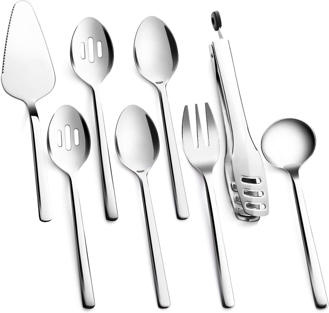 KINGSTONE Large Hostess Serving Utensils Set, 18/10 Stainless Steel Heavy Duty 10-inch Serving Utensils, Slotted Spoons, Forks, Tongs, Cake Pie Server for Buffet, Wedding, Party (Silver)