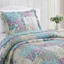 Brilliant Sunshine Lilac Rose Toile Quilt Set, 2-Piece Bedding Sets, Traditional Lively Patchwork Design, Washable, Reversible Bedspread, Soft Lightweight Coverlet, All-Season, Twin/Twin XL, Egg Blue