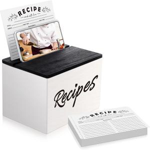 Hoteam Wooden Recipe Box with Cards Rustic Wood Recipe Card Holder with 50 Pcs 5 x 7 Cards Set Farmhouse Organization Box with Dual Slots for Phone Kitchen Decoration(White)