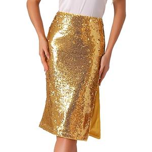 Allegra K Women's Sequin Skirt Sparkly Glitter Side Slit High Waisted Party Cocktail Club Midi Pencil Skirts (Gold, Large)