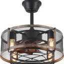 Dannilong Caged Ceiling Fans with Lights and Remote, Farmhouse Ceiling Fan with Light Bladeless, Small Ceiling Fan for Kitchen Bedroom Outdoor, 18 Inch Black Fandelier, Reversible Quiet Motor (Black Gold)