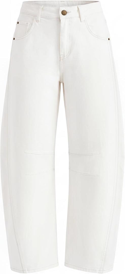 ZESICA Womens Barrel Jeans for Women Trendy 2026 High Waisted Wide Leg Stretchy Baggy Ankle Denim Pants with Pockets (Large, White)