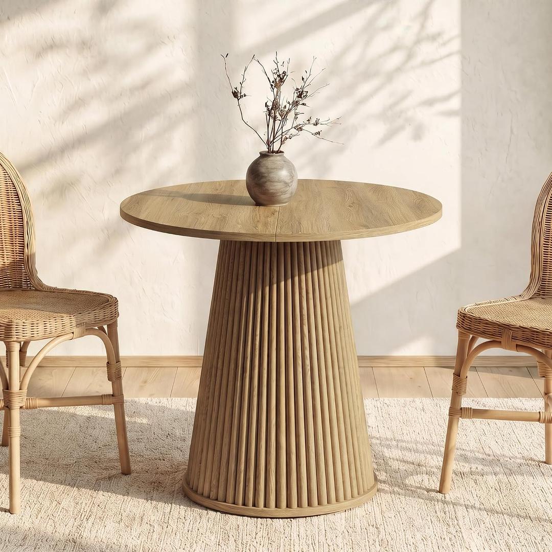 MECHYIN Round Table for 2-4,31.5" Small Fluted Kitchen Table with Pedestal Base,Wood DinnerTable for Apartment,Restaurant,Kitchen