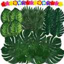 Moon Boat 120PCS Tropical Palm Leaves Plants Hibiscus Artificial-105Pcs 7 Kinds Green Fake Leaf+15pcs Flowers, Hawaiian/Luau/Safari Jungle Party Table Decorations