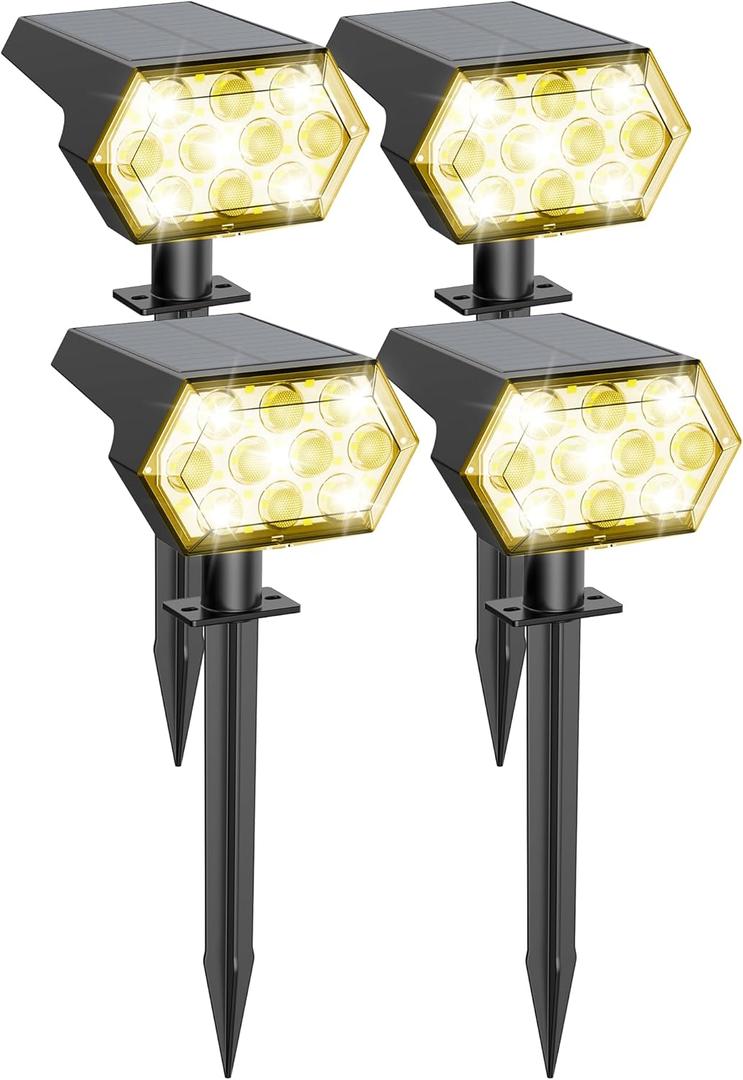 Kaxiida Solar Lights Outdoor Waterproof IP68, 25% High Conversion Efficiency Rate & 3 Modes Upgrade Pro Max 92 LED Bright Solar Spot Lights Outdoor (Warm White, Pack of 4)