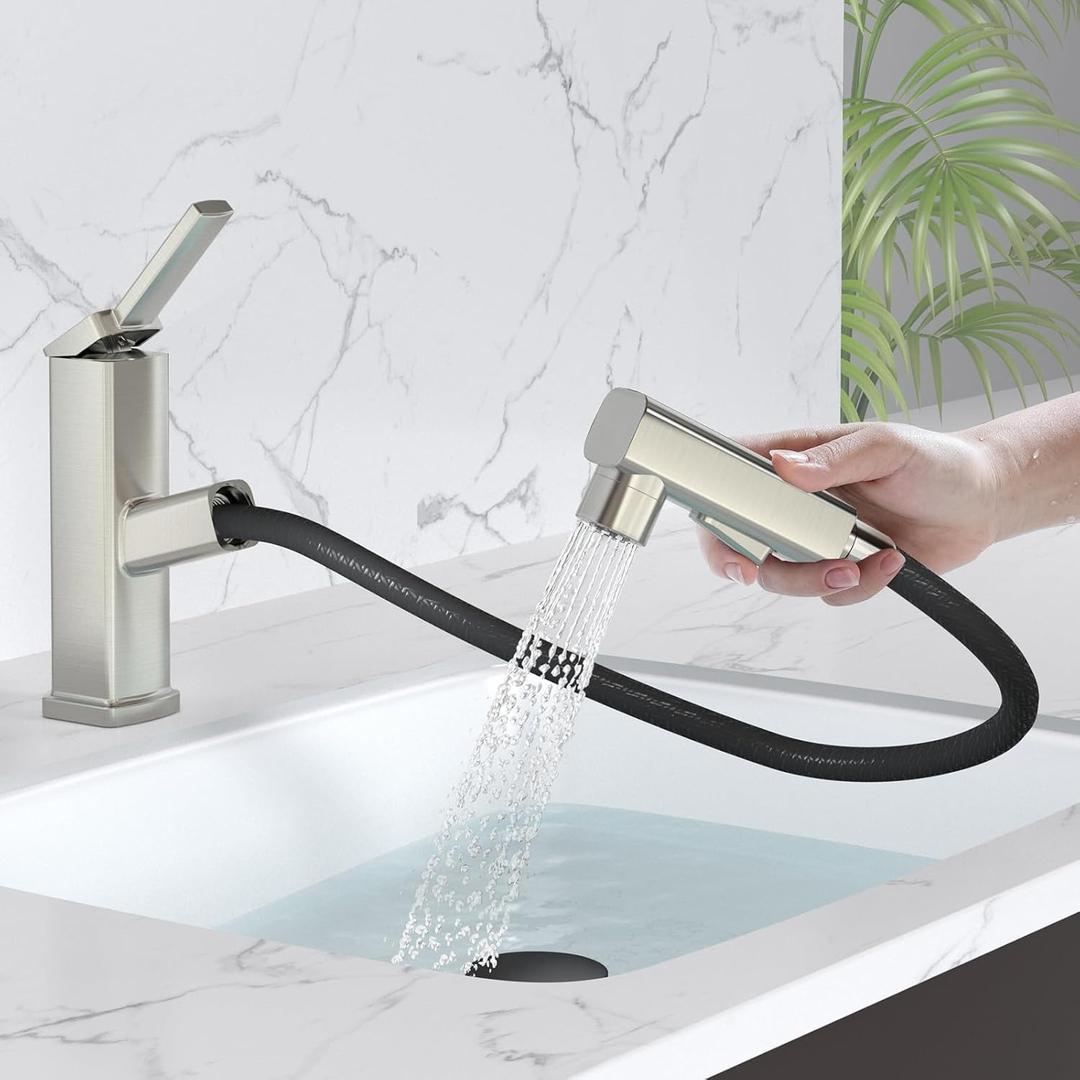 MIAOHUI Pull Out Single Hole Bathroom Faucet, 3 Spray Mode Single Handle Bathroom Faucets for Sink 1 Hole, Bathroom Sink Faucet with Pull Down Sprayer, Vanity Faucet with Fountain Mode, Brushed Nickel (Regular) MIAOHUI Pull Out Single Hole Bathroom Faucet, 3 Spray Mode Single Handle Bathroom Faucets for Sink 1 Hole, Bathroom Sink Faucet with Pull Down Sprayer, Vanity Faucet with Fountain Mode, Brushed Nickel (Regular)