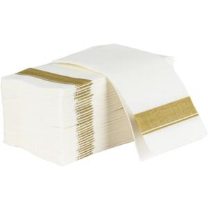 Rectangle Cloth-Like White Napkins with Gold Border, 50 Pack Fancy Paper Napkins, 22" x 22" Disposable Dinner Napkins - Decorative Party Napkins for Weddings, Dinners, Upscale Parties & Events