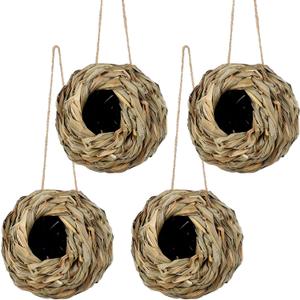 winemana 4 Pack Hanging Bird Nest House for Outside, Ball Shape, Hand Woven, Durable Sturdy, Made of Natural Grass, Perfect for Garden Patio Lawn Office Indoor