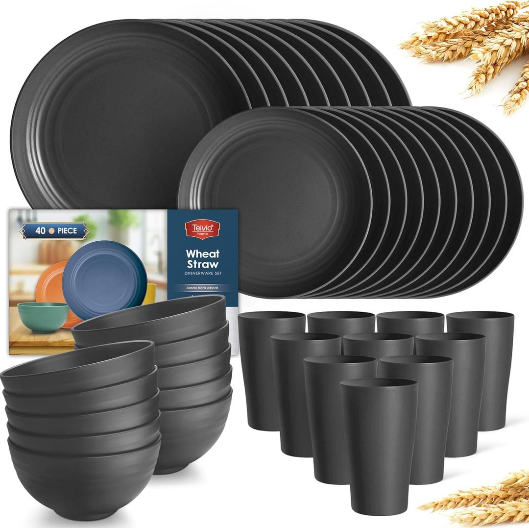 Teivio 40-Piece Kitchen Plastic Wheat Straw Dinnerware Set, Service for 10, Dinner Plates, Dessert Plate, Cereal Bowls, Cups 13.5 oz, Unbreakable Plastic Outdoor Camping Dishes, Black