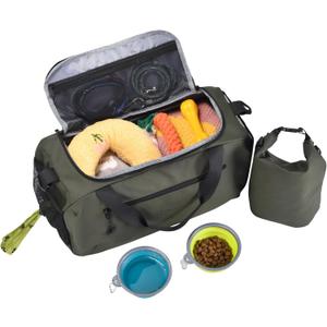 ta-stories 2-in-1 Dog Travel Organizer – Stylish Main Bag with 8-Pocket Organizer, XL Food Container Poop Bag Dispenser | Cabin-Size | Waterproof