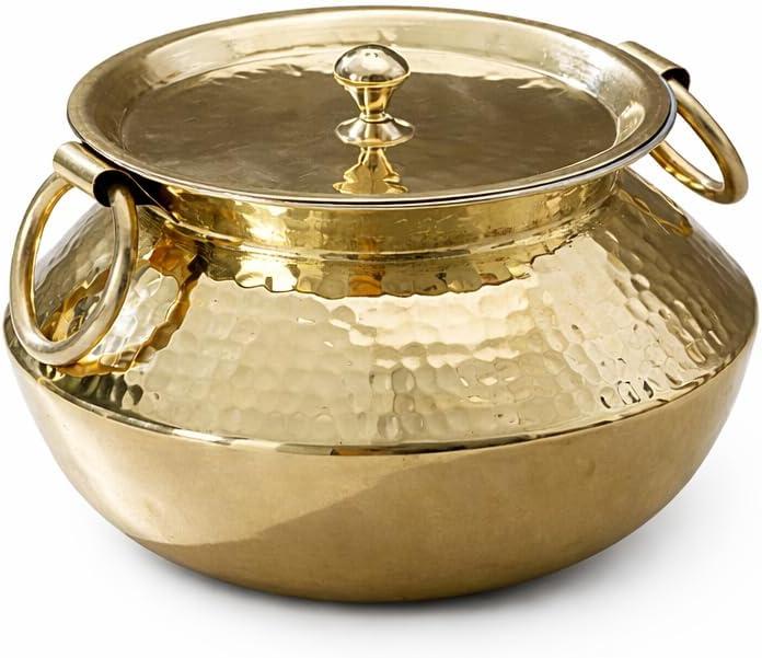 P•TAL 3.2 Qt Pure Brass Stock Pot with Brass Lid, Naturally Non-Stick Tin-Lined Interior, PTFE & PFOA Free, Handcrafted Hammered Cookware for Soup, Curry & Everyday Cooking, 3.2 Quarts