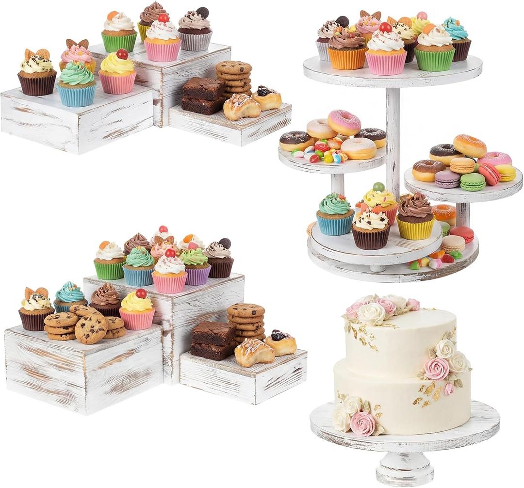 Lallisa 4 Tier Round Cupcake Tower Stand Set of 8 Wood Cake Stand with Tiered Tray Decoration Wooden Display Risers Rustic Buffet Serving Stands for Farmhouse Decorations Wedding Tea Party (White)