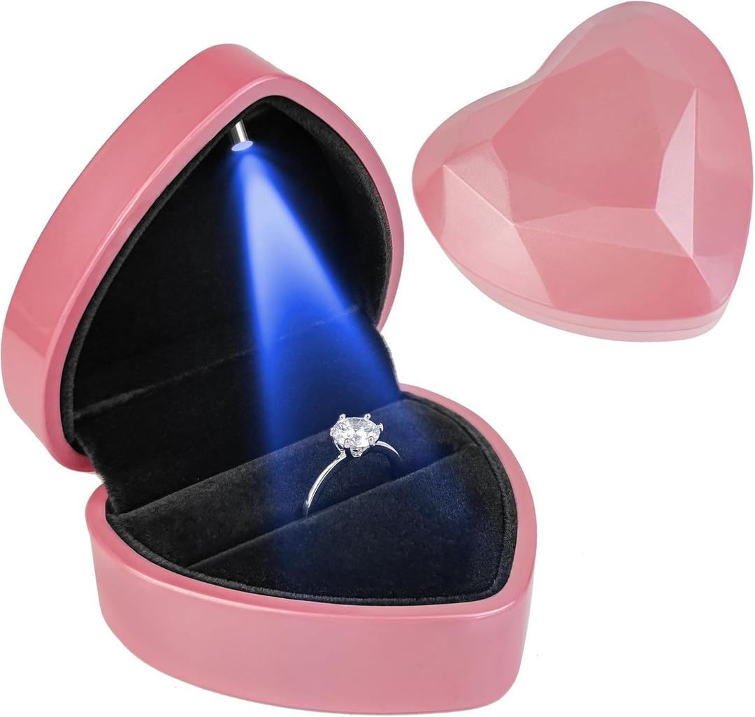 Luxury LED Lighted Engagement Ring Box  Heart Shaped Elegant Pink Ring Case for Wedding Rings, Perfect for Proposal, Anniversary, Ceremony, and Gift Giving