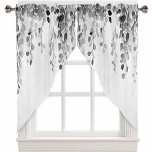 Grey Eucalyptus Leaves Swag Valances for Windows, 28x36 Inch Length, 2 Panels Set, Light-Filtering, Scalloped, Modern, Contemporary Style, Pinch Pleat Top, Unisex, Indoor Use