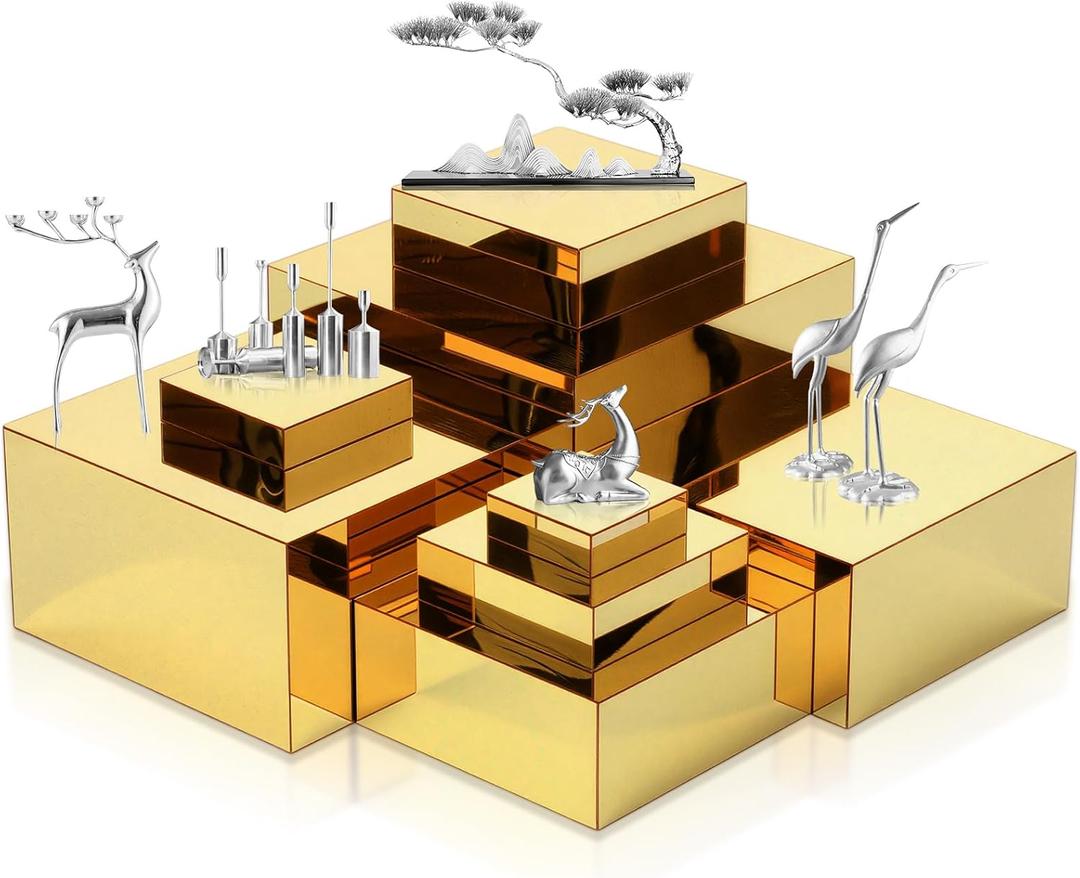 Geelin 8 Pack Acrylic Buffet Risers - 3 to 10 Inch Decorative Cube Boxes, Display Stands with Hollow Bottoms for Food Jewelry Table Display Supplies(Gold,Flat)