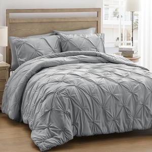 UNIKOME Queen Comforter Set Gray/Light Gray - Ultra Soft Boho Pintuck Down Alternative Bedding Set for All Seasons, 3 Pieces Lightweight Warm Pinch Pleat Bed Set with Comforter, 2 Pillowcases