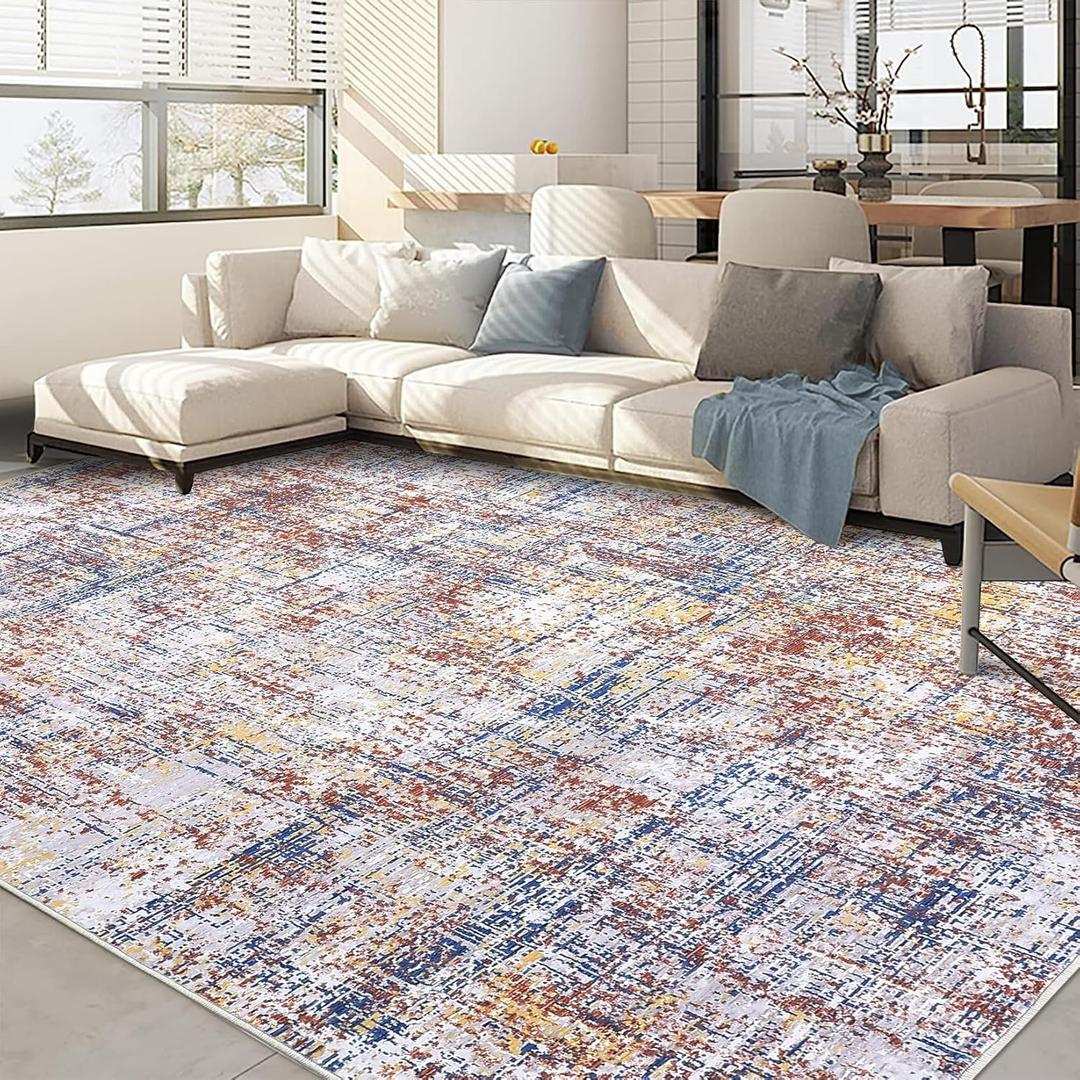 Washable Area Rugs 9x12 Living Room Modern Rugs for Bedroom Abstract Distressed Rug Soft Large Area Rug Non Slip Throw Rugs Stain Resistant Carpet for Nursery Dining Room 9'x12' Red/Blue