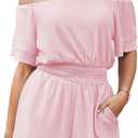 Fixmatti Womens Off The Shoulder Romper Short Sleeve Smocked Waist Mini Jumpsuit with pockets (S)