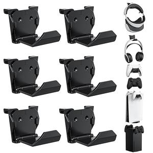 KUNSLUCK 6 Pack Controller Wall Mount – Universal Game Controller Holder for PS5, Xbox, Switch – Adhesive or Screw Installation – Headset & Controller Storage Hook (Black)