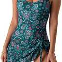 Women's One Piece Flower Print Swimdress Swimsuit, Retro Tummy Control Swimwear, Summer Floral One-Piece Ruched Swimsuit (Large)