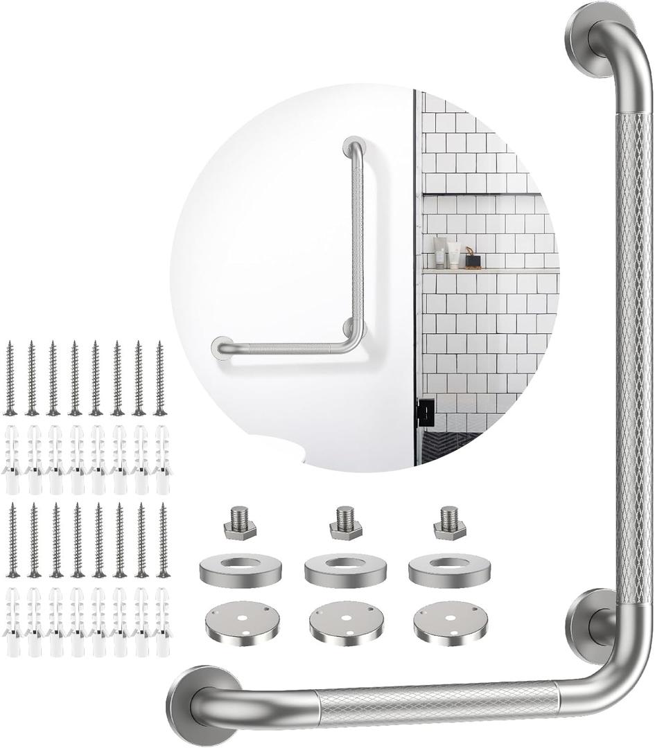 Brushed Nickel Angled Grab Bar 16x24 Inch, iHansee Bathroom Safety Bar w/Anti-Slip Knurled Grip, Wall Mount L Shaped Shower Handle for Elderly Senior Handicap, Toilet Bathtub Balance Support Bar