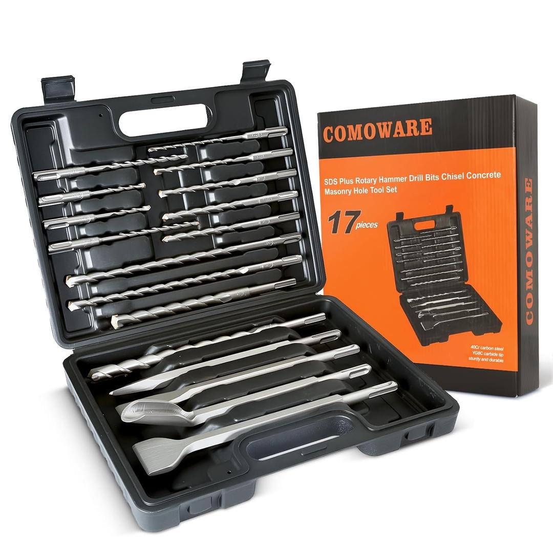 COMOWARE Rotary Hammer Drill Bits Set & Chisels- SDS Plus Concrete Masonry Hole Tool 17pcs with Storage Case (17CS)