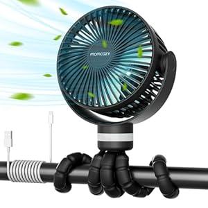 Momcozy 8000mAh Portable Stroller Fan, 27H Ultra-long Life Detachable 4 Speed 360°Rotate LED Night Light with 2 Modes, USB Rechargeable Handheld Cooling Fan for Travel/ Bedroom/ Car Seat (Black)