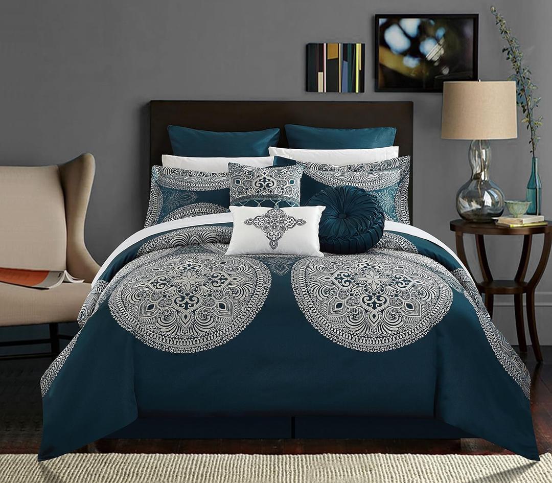 Chic Home 9 Piece Orchard Place Faux Silk Luxury Large Medalion Jacquard with Embroidery Details and Trims King Comforter Set Blue