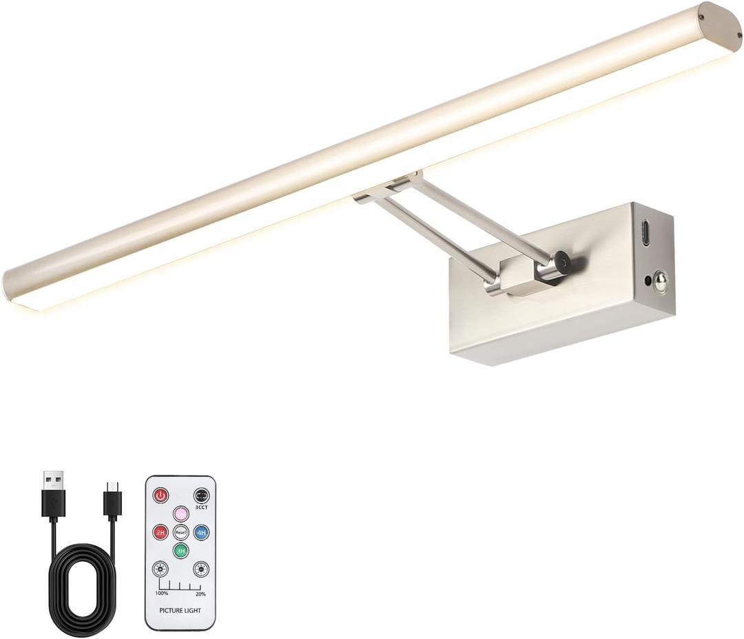 Picture Light, 17.5inches Picture Light Battery Operated,3CCT Picture Frame Light,Wireless Picture Lights for Wall Artwork Display, Photo,Library (Satin Nickel)