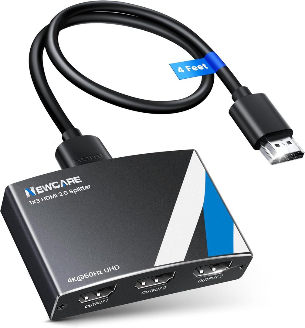 NEWCARE HDMI Splitter 1 in 3 Out, 4K@60Hz HDMI 2.0 Splitter w/ 4ft HDMI Cable, Auto Downscaler, Mirror Display to 3 Monitors(Not for Extended Display), Support Dobly Vision& Atmos, HDCP 2.2, 18.5Gbps