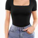 MANGOPOP Women's Square Neck Top Double Lined Short Sleeve Long Sleeve T Shirt Fitted Seamless Tee (Black, L)