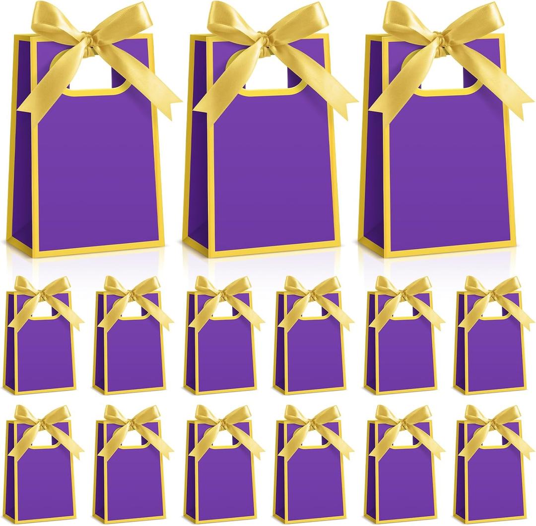 AmazingSpark 50 Pcs Purple Gold Mini Gift Bags Bulk 6.3 x 3.9 x 2.8 Inch Party Favors Elegant Small Gift Bags with Handles and Ribbon Bows for Wedding Birthday Bridal Baby Shower Party Favors