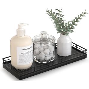 Bathroom Tray for Counter Top Organizer  Oak Wood Vanity Tray with Metal Frame for Dresser, Kitchen, Nightstand  Black Decorative Storage (11" x 4.5" x 1.5")