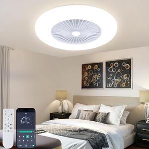 24" Bladeless Ceiling Fan with Light, Low Profile Flush Mount, 3 Color Dimmable Smart LED, 6 Speeds Timing Reversible, Modern Enclosed Ceiling Fan Remote & APP Control (White)