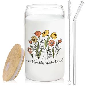 a Sweet Friendship Refreshes the Soul Glass Cup with Lids and Straws 14oz, Best Friend Bestie Gifts for Women, Friendship Glass Iced Coffee Tumbler Drinking Jars with Cleaning Brush