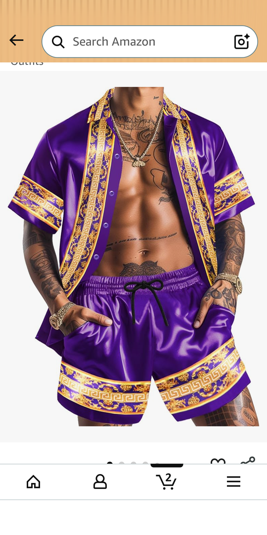 ZSJR Men Hawaiian Shirt Sets Satin Silk Casual Button Down Shirts 2 Piece Luxury Summer Beach Outfits, Size M