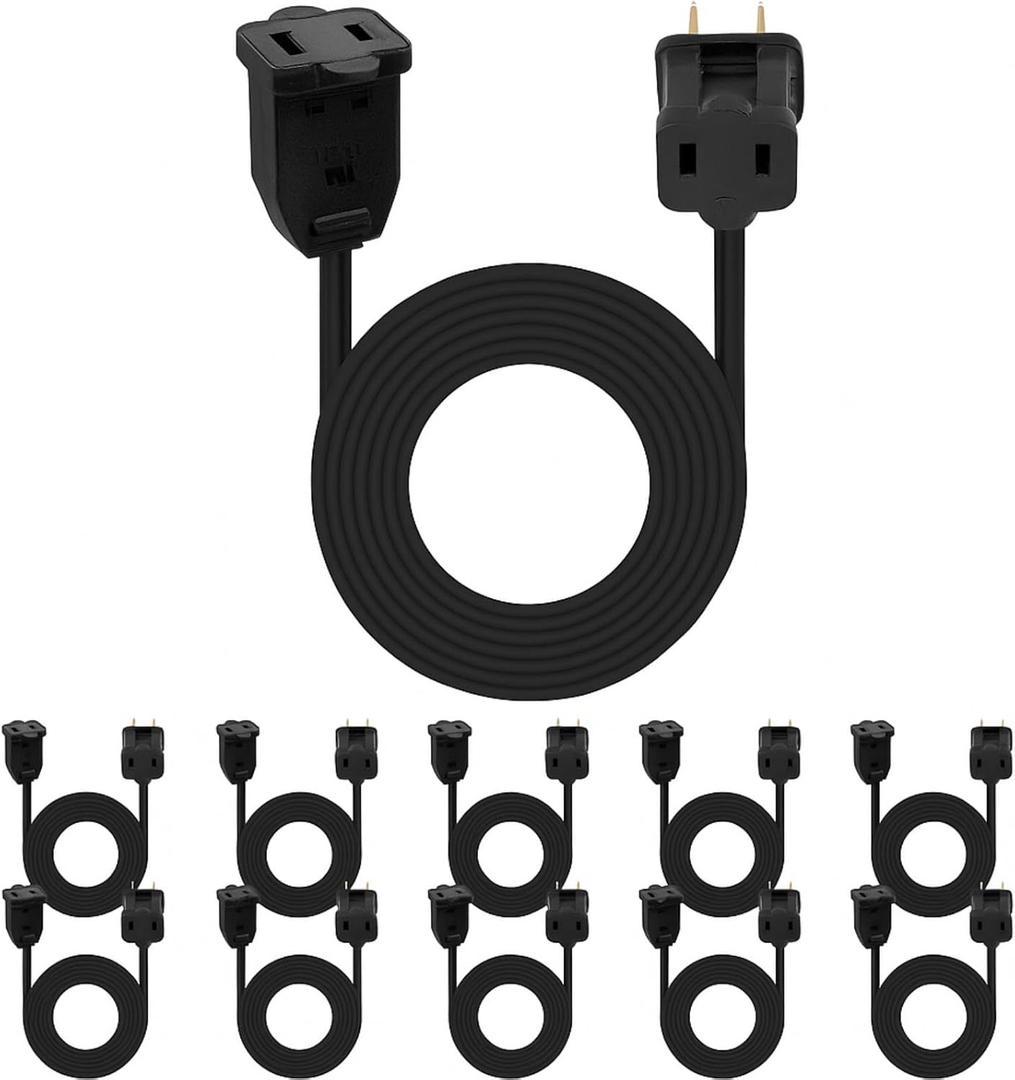 Kanayu 10 Pack 12ft Black Indoor Extension Cord 2 Prong Electric Cord Extender, Wire Plug in and End, Ac 120 Volts, for Outdoor Christmas Connect or Extend String Lights
