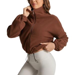 Fleece Winter Hiking Jacket for Women Cozy Fleece with Secure Side Pockets with 3F Zipper Long Sleeve Windproof Mid-Length（Coffee，S）