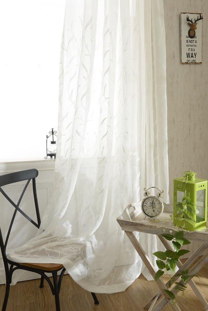 VOGOL Semi-Sheer Elegant Embroidered Solid White Rod Pocket Window Sheer Curtains/Drape/Panels/Treatment 54 x 84,Two Panels
