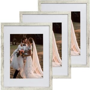 12x16 Farmhouse Picture Frames Set of 3, Photo Frame Display 9x12 Pictures with Mat or 12x16 without Mat, Hang on the Wall, Distressed White