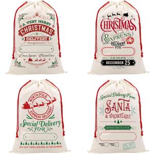 DOI-LANEE 4 Pack Christmas Gift Bag, 27.5" x 19.6" Large Santa Sack, Xmas Santa with Drawstring, Cloth Canvas Fabric Burlap Stocking Sack Gift Present Bag, D-2