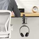 CABTE 2 in 1 Desk Cup Holder with Headphone Hanger Holder, Anti-Spill Clip-On Table Cup Hook with 360 Rotation for Lawn Chair, Office Home Gaming Table (1 Pack)